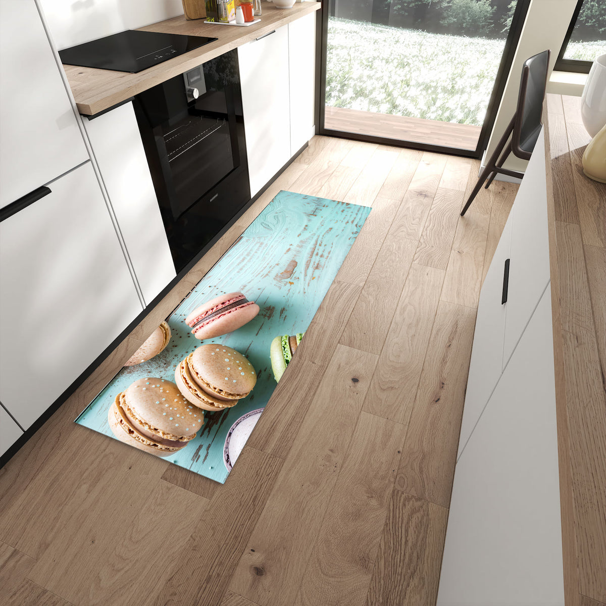 Farbbeständiger Läufer für den Eingangsbereich mit Motiv Macarons auf Holz in moderner Küche