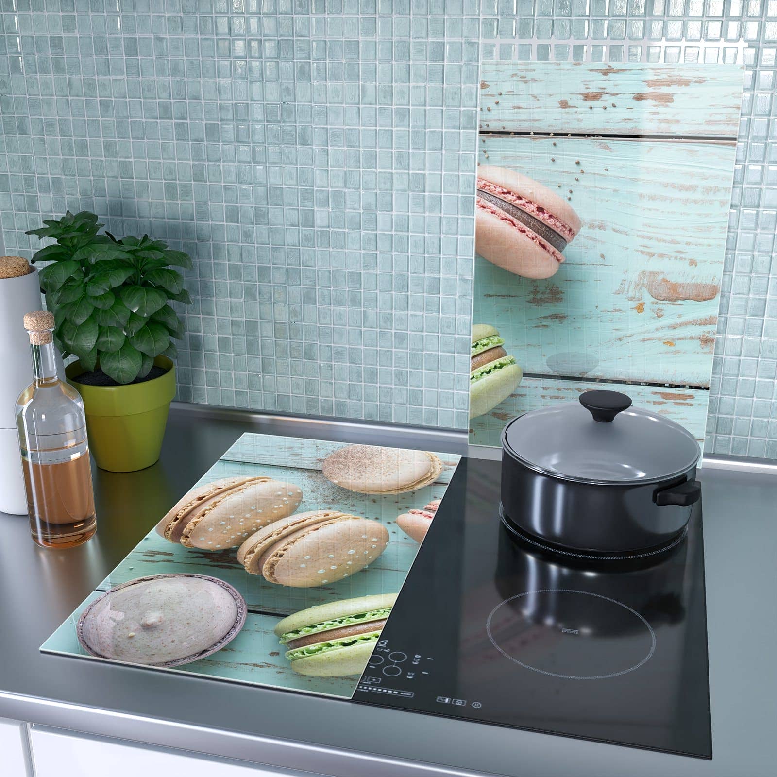2-teilige Herdabdeckplatten für Ceranfeld mit Macarons auf Holz-Motiv als Spritzschutz hinter dem Kochfeld