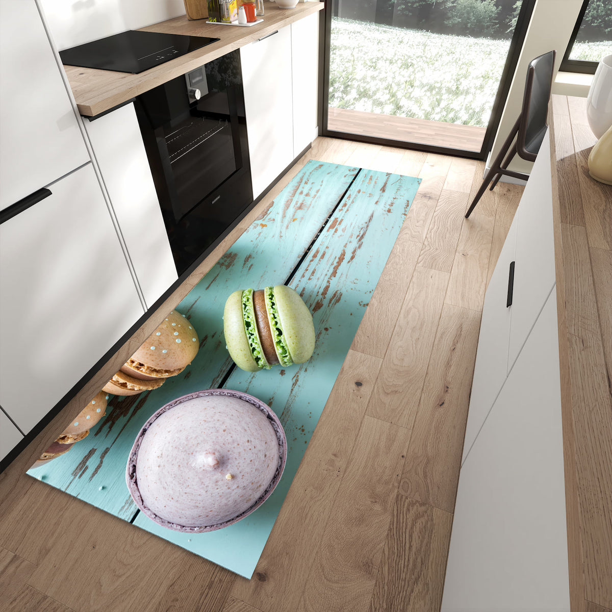 UV-beständiger waschbarer Teppich für Esstisch mit Motiv Macarons auf Holz in moderner Küche
