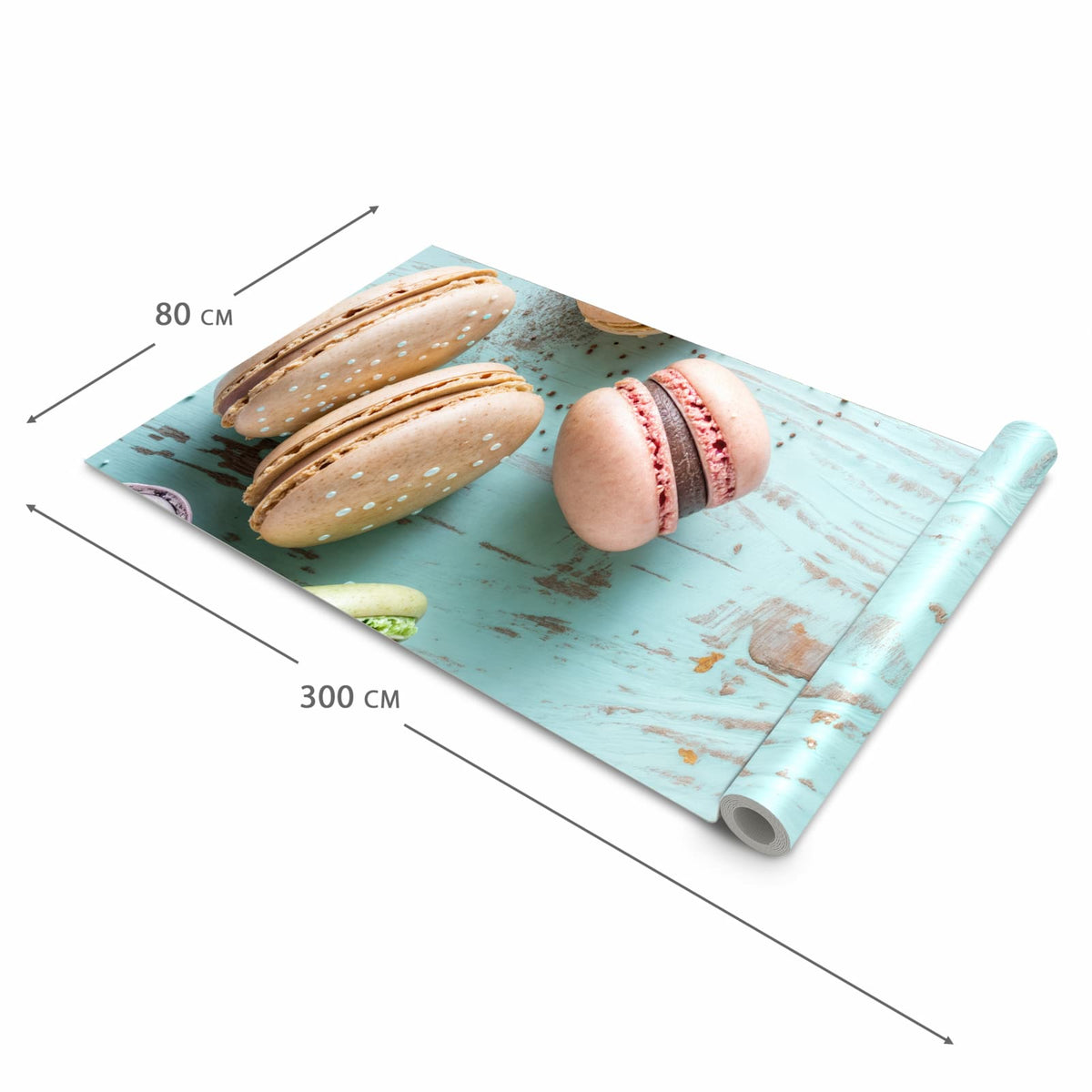 Abriebfester Küchenteppich mit Motiv Macarons auf Holz in der Grösse 60x120 cm