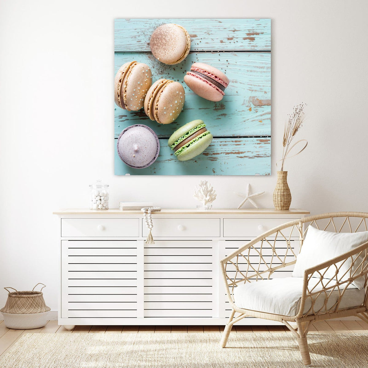 Echtglas, 4 mm – kein Acryl, keine Folie – Wandbild - Macarons auf Holz - Quadratisch
