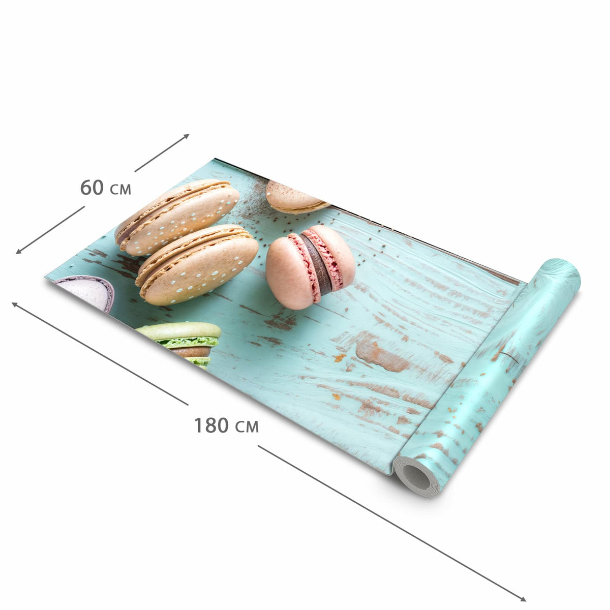 Bodenschonender Küchenläufer nach Maß mit Motiv Macarons auf Holz in der Größe 60x120 cm