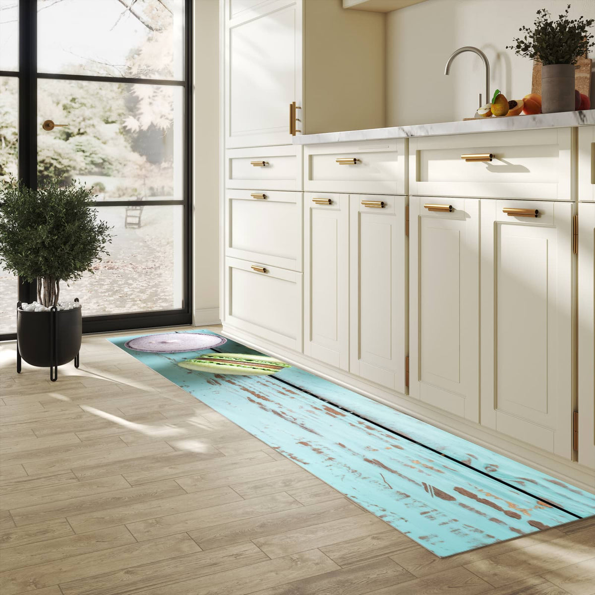 Langlebiger Küchenläufer mit Motiv Macarons auf Holz in heller Küche