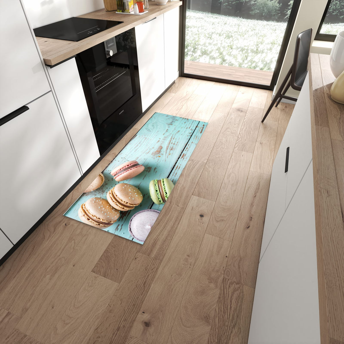 Bodenschonender langer Teppich mit Motiv Macarons auf Holz in moderner Küche #grösse_60 x 150 cm