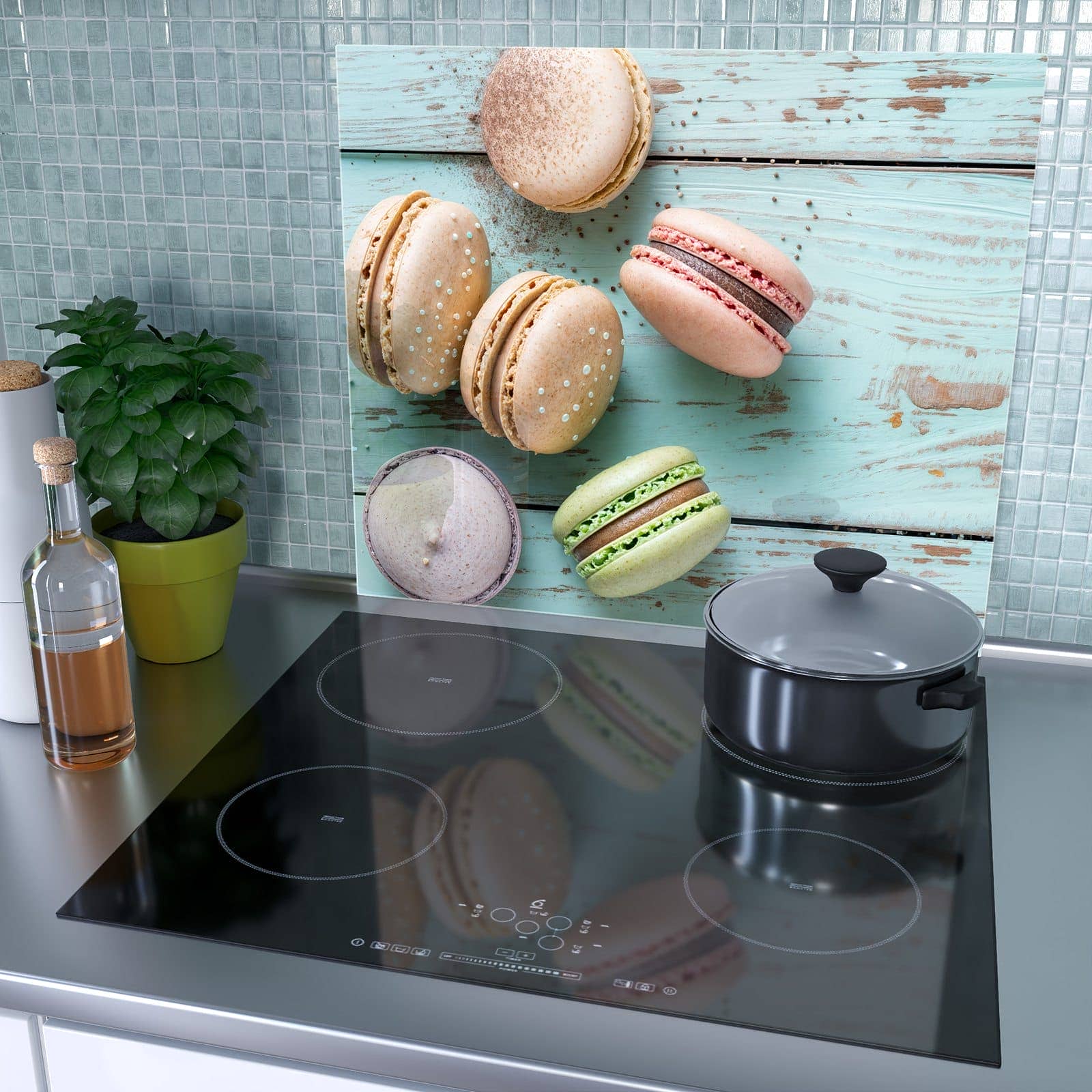 1-teilige Abdeckplatten für Ceranfeld mit Macarons auf Holz-Motiv als Spritzschutz hinter dem Kochfeld