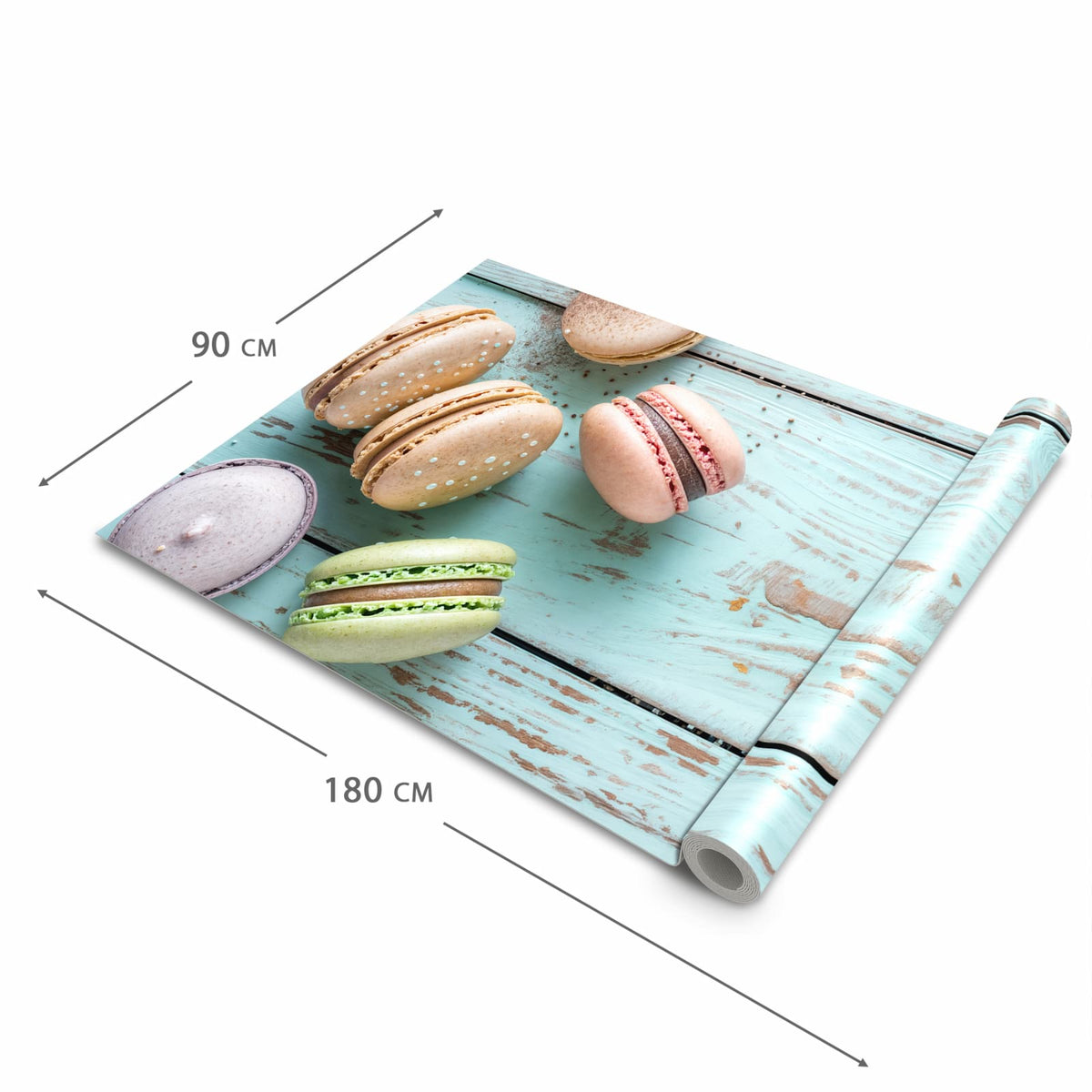 UV-beständiger Küchenteppich mit Motiv Macarons auf Holz in der Grösse 60x120 cm
