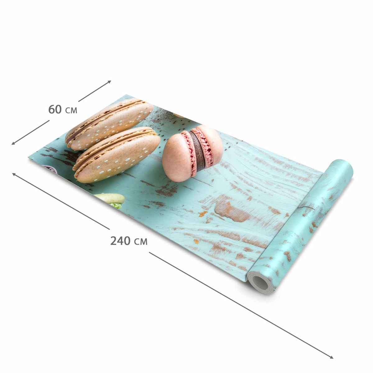 Waschbarer Küchenläufer mit Motiv Macarons auf Holz in der Grösse 60x120 cm für Ordnung