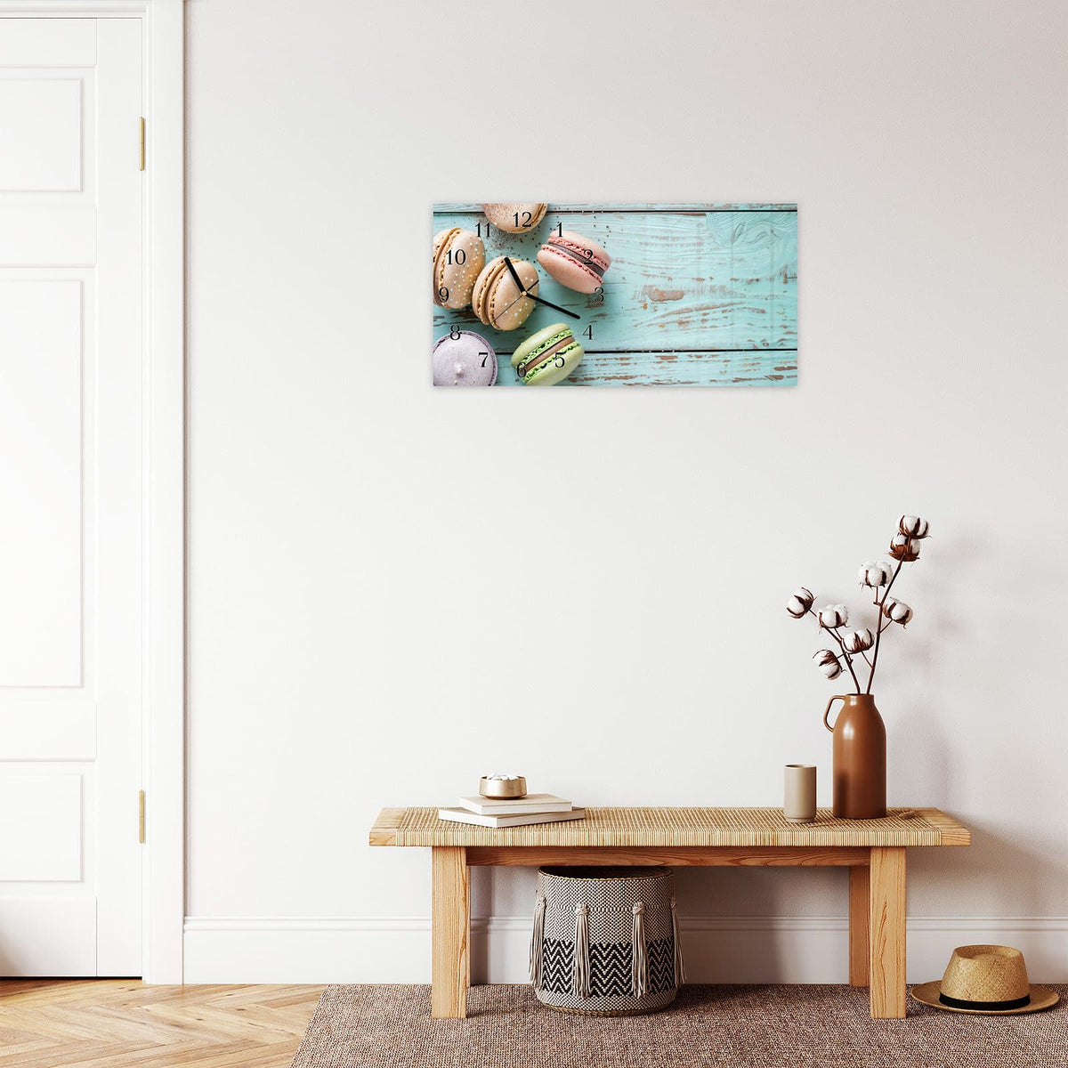 Moderne Wanduhr aus Glas mit Farbtiefe – Wanduhr Macarons auf Holz aus Glas – Querformat 60 × 30 cm