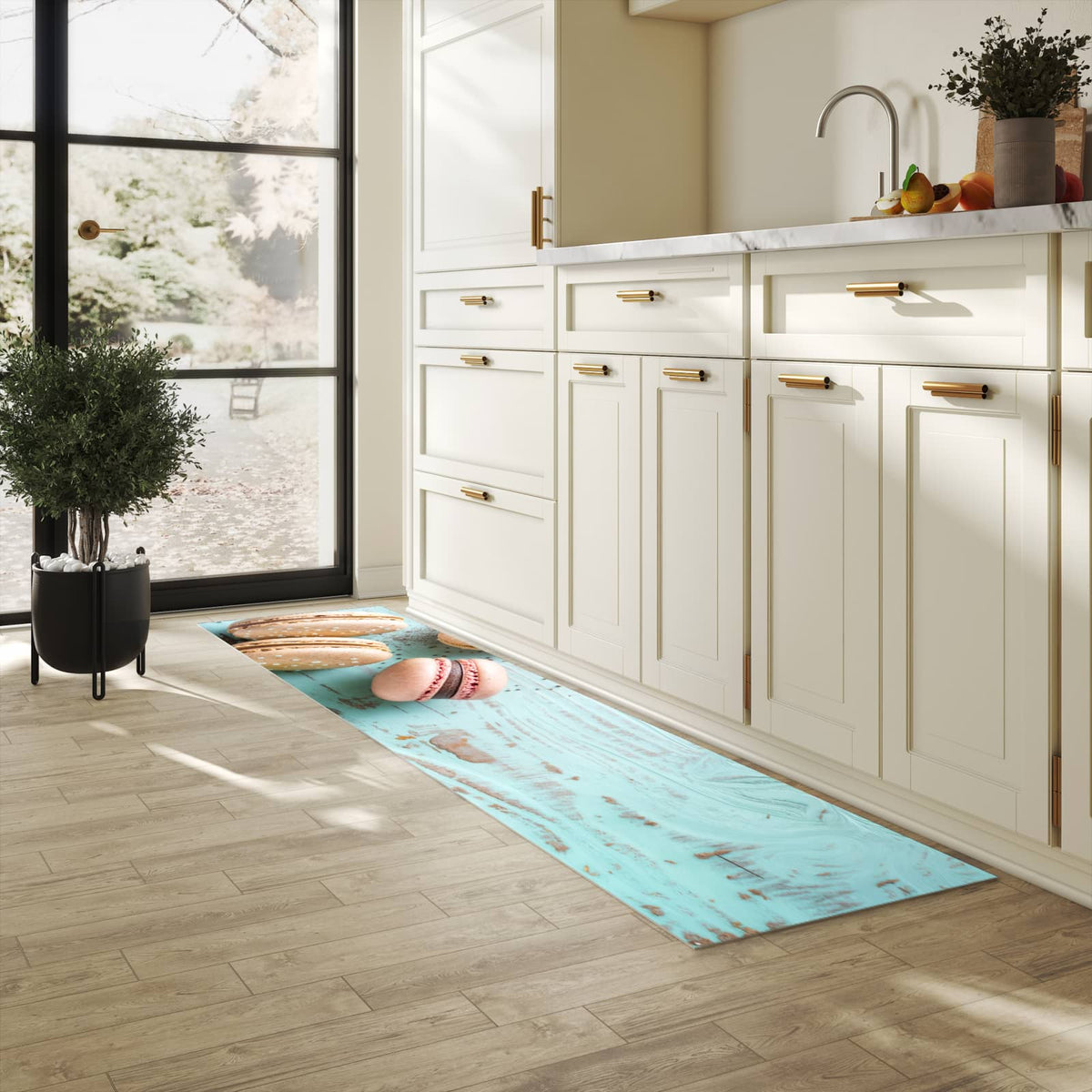 Abwaschbarer Küchenteppich mit Motiv Macarons auf Holz in heller Küche