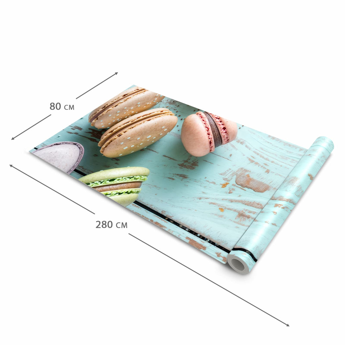 Geräuschdämpfender Küchenteppich mit Motiv Macarons auf Holz in der Grösse 60x120 cm