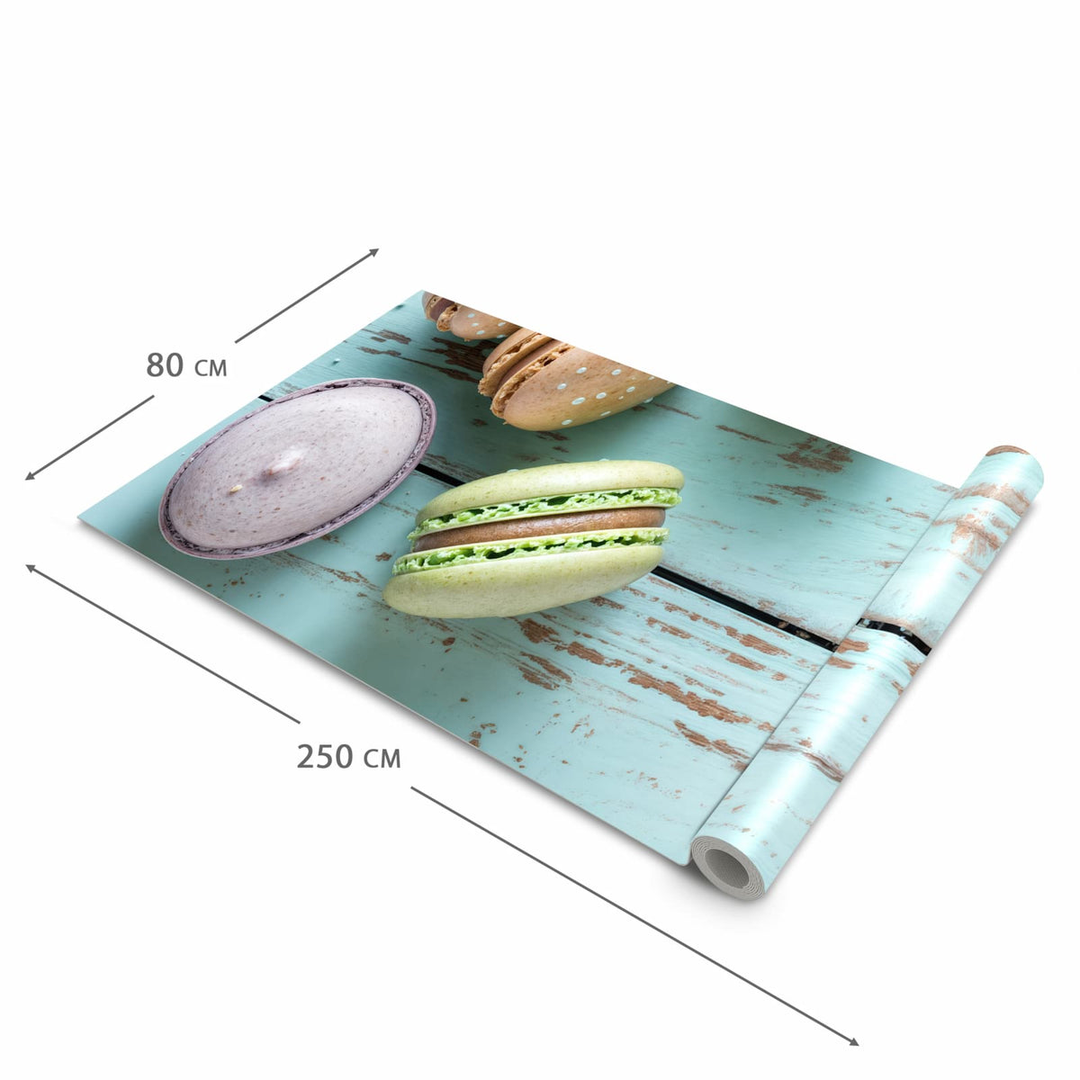 Zeitsparender Küchenteppich mit Motiv Macarons auf Holz in der Grösse 60x120 cm