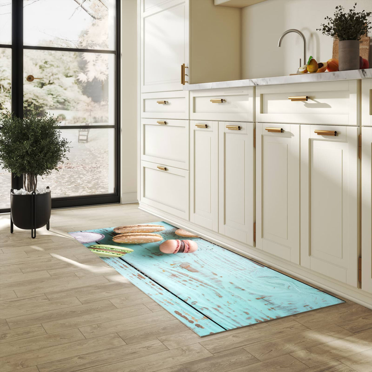 Feuchtigkeitsresistenter Teppich für Küche mit Motiv Macarons auf Holz in heller Küche