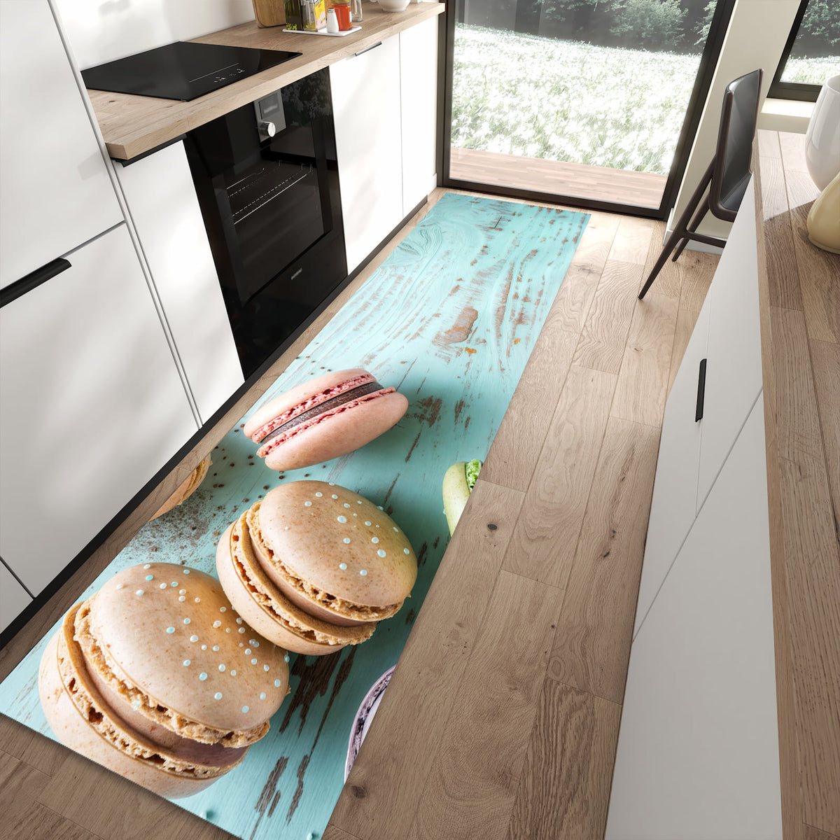 Wasserabweisender Bodenläufer mit Motiv Macarons auf Holz in moderner Küche