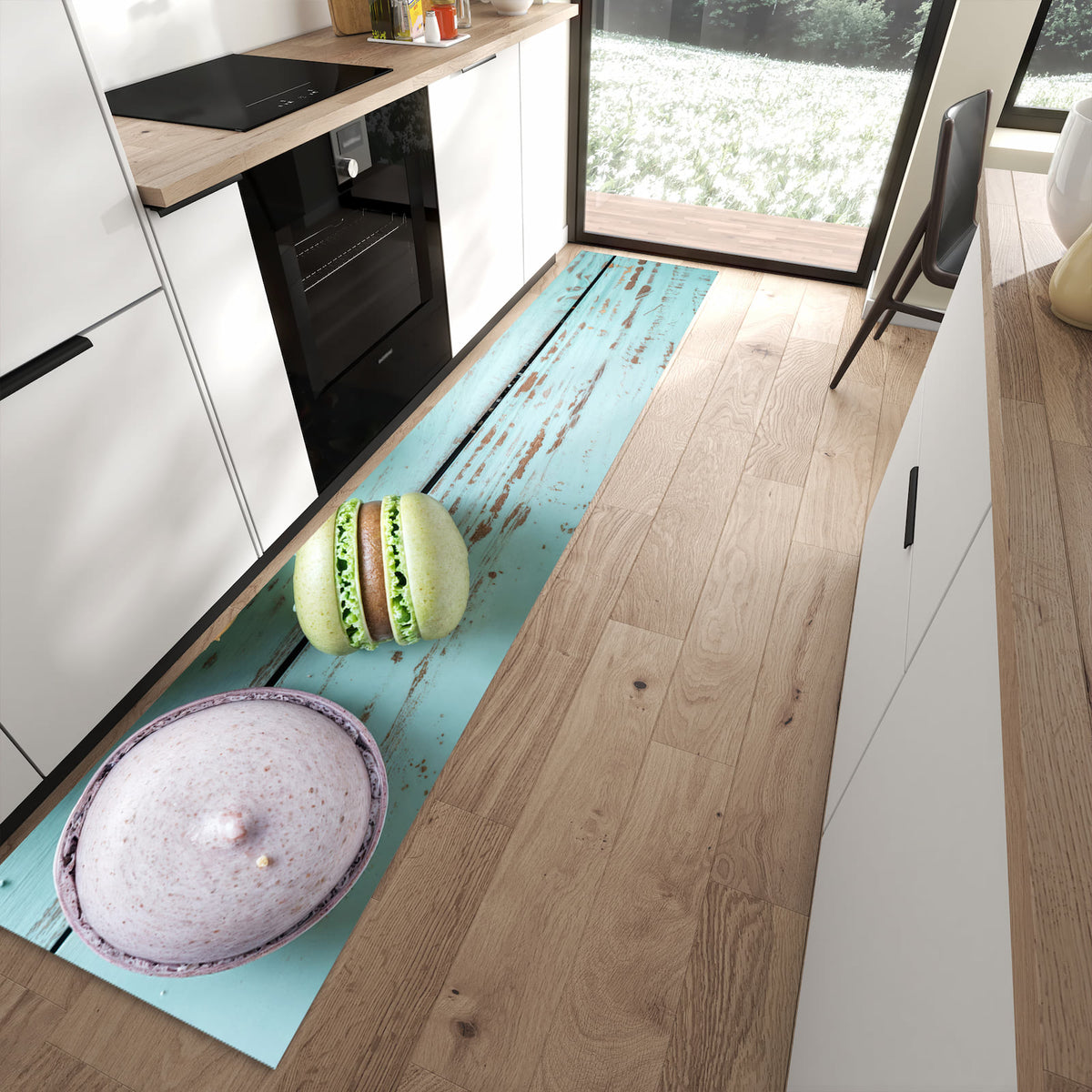 Rutschfester dünner Teppich mit Motiv Macarons auf Holz spart Zeit in moderner Küche