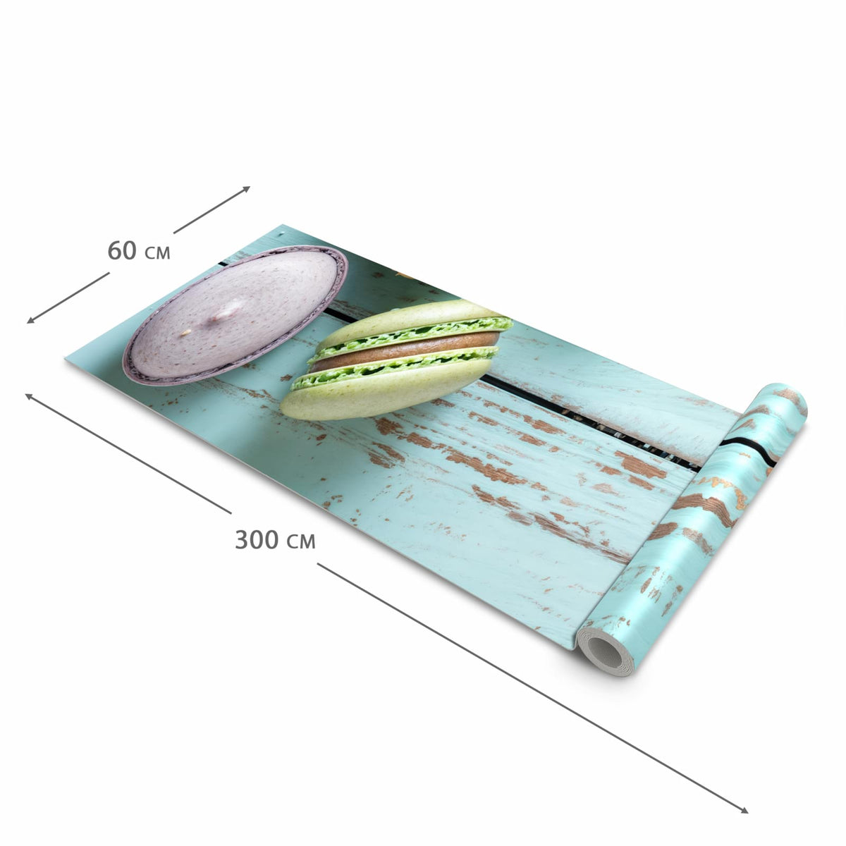Farbbeständiger abwaschbarer Küchenläufer mit Motiv Macarons auf Holz in der Größe 60x120 cm