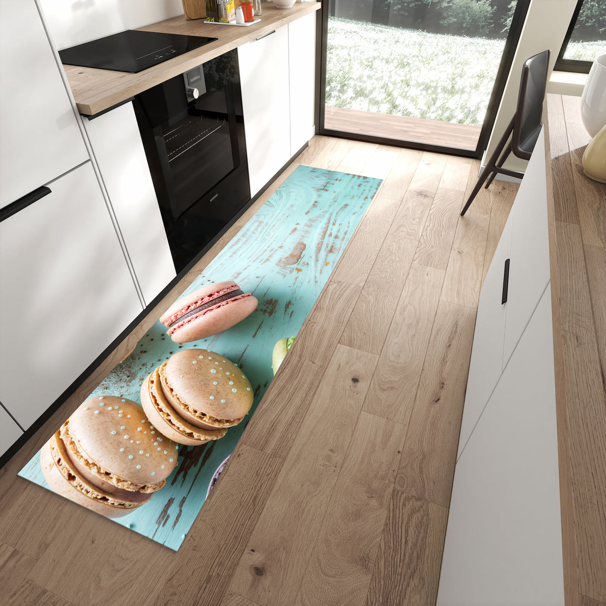 Formstabiler Läufer mit Motiv Macarons auf Holz in moderner Küche für rutschfesten Stand