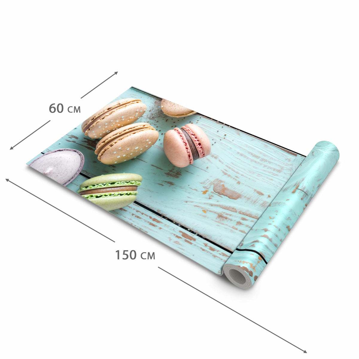 Feuchtigkeitsresistenter moderner Küchenläufer mit Motiv Macarons auf Holz in der Grösse 60x120 cm