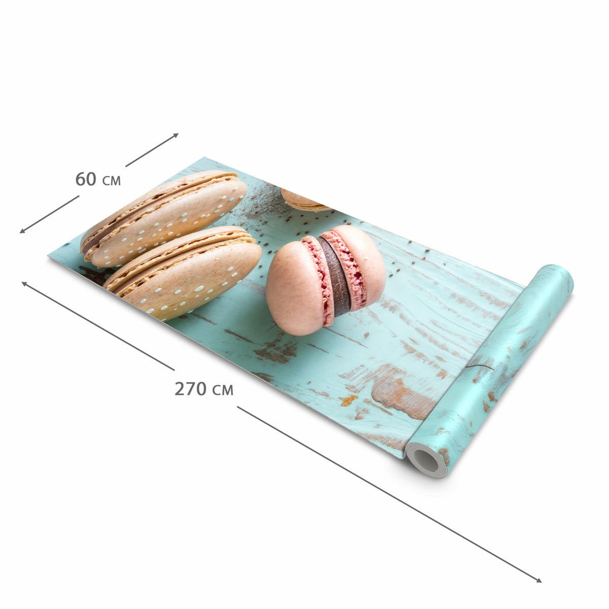 Bodenschonender moderner Küchenläufer mit Motiv Macarons auf Holz in der Grösse 60x120 cm