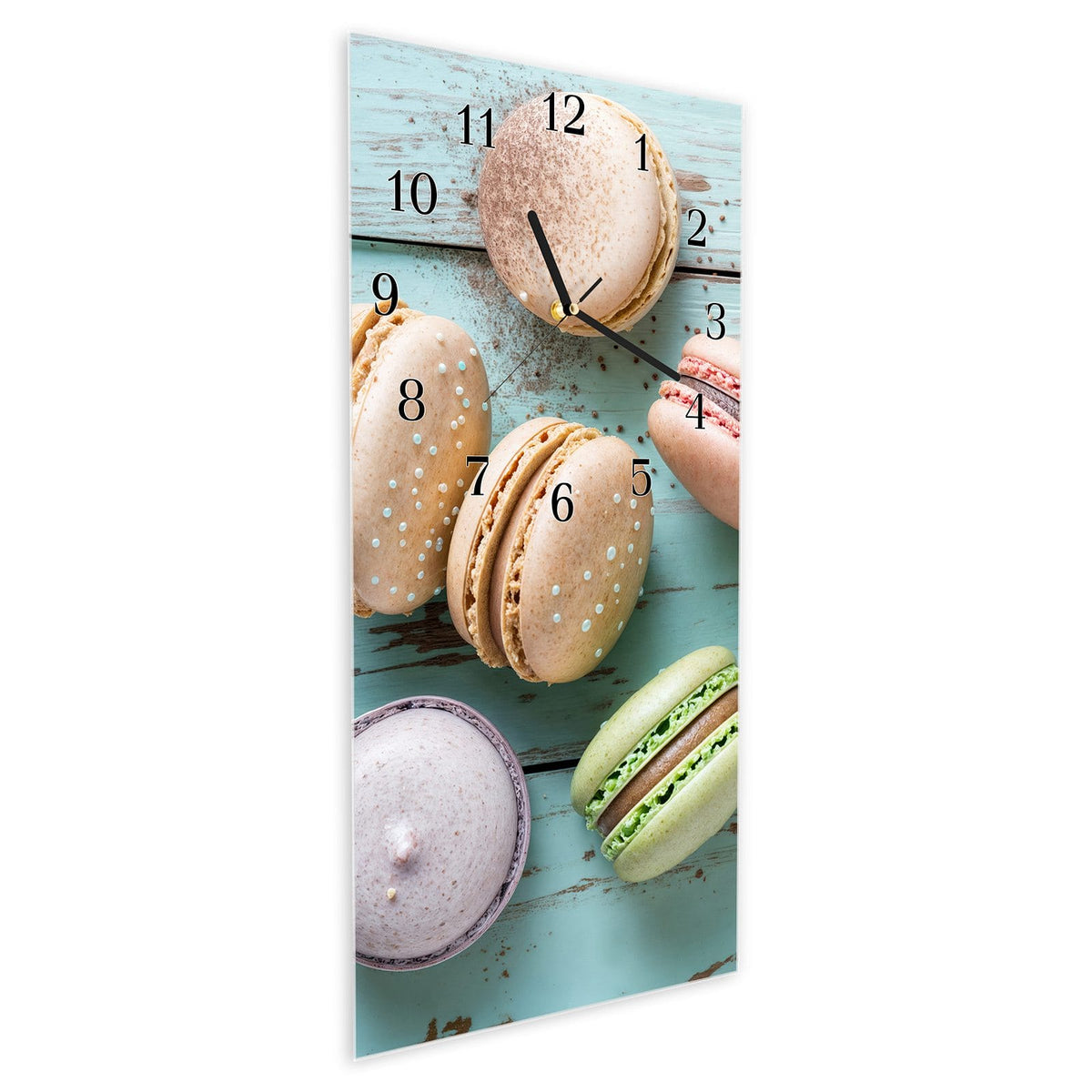 Vormontiert – mit Schwebeeffekt – Wanduhr Macarons auf Holz aus Glas – Hochformat 30 × 60 cm