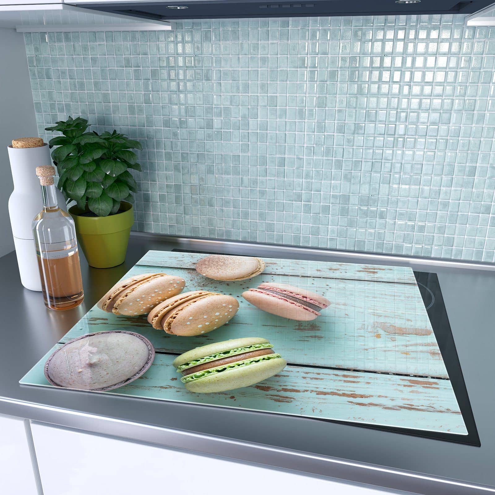 1-teilige Herdabdeckung mit Macarons auf Holz-Motiv auf dem Ceranfeld
