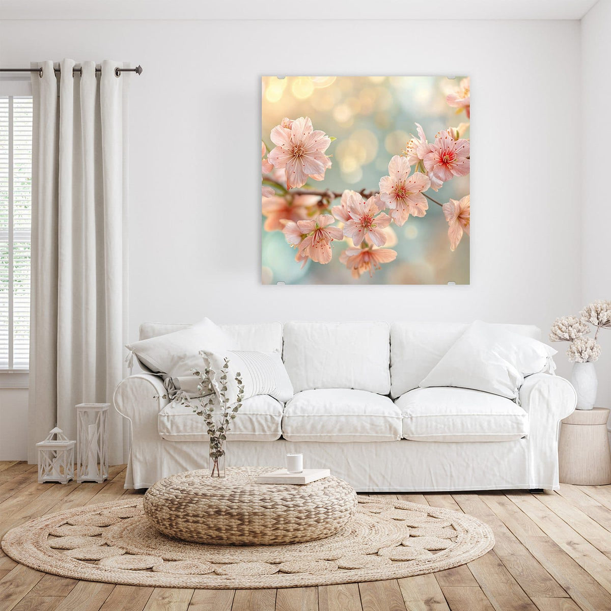 Glasbild Kirschzweig in Blüte an der Wand – Pfirsichfarbene Kirschblüten an einem Zweig vor goldgrünem Bokeh