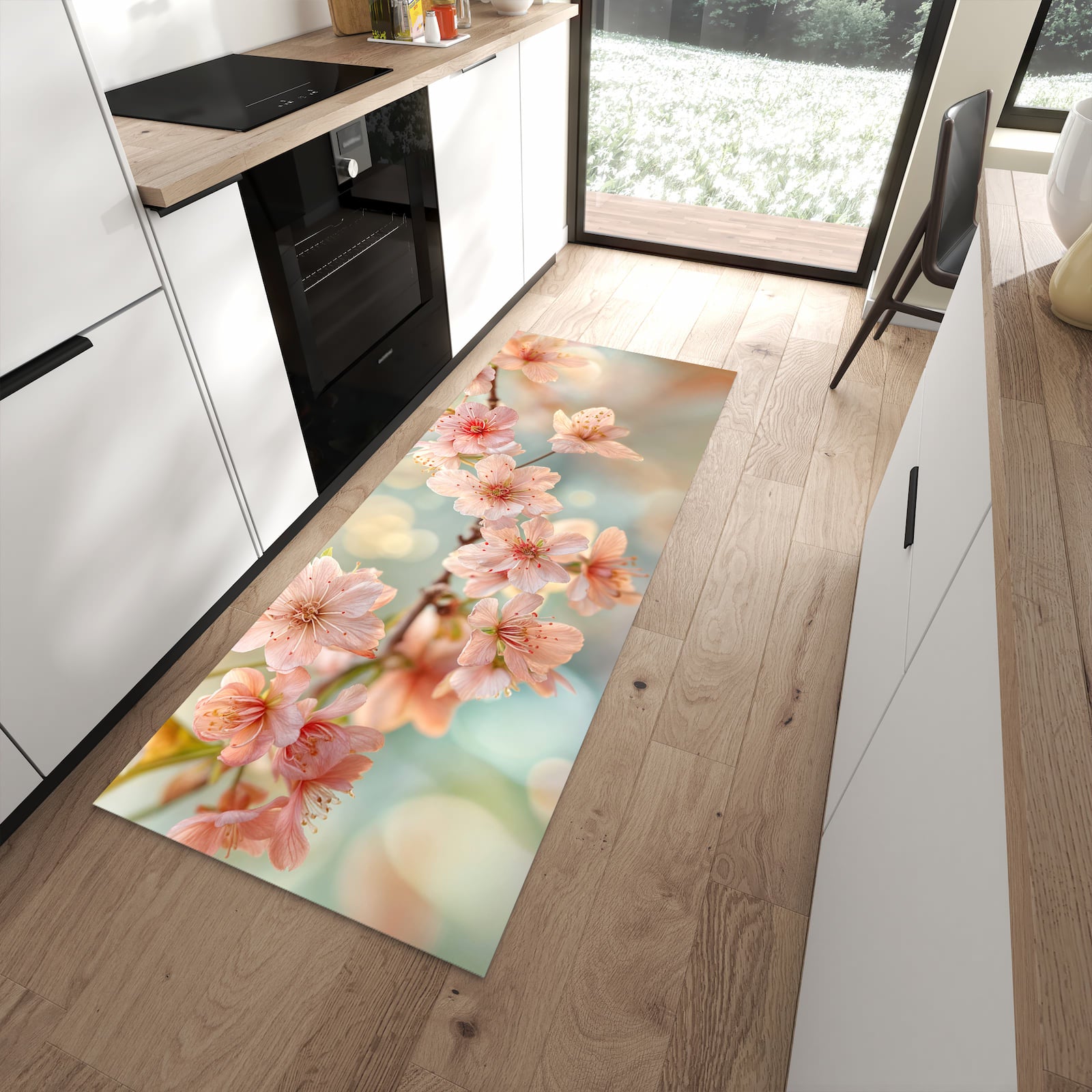 Strapazierfähiger Küchenvorleger mit Motiv Kirschblütenzauber in moderner Küche