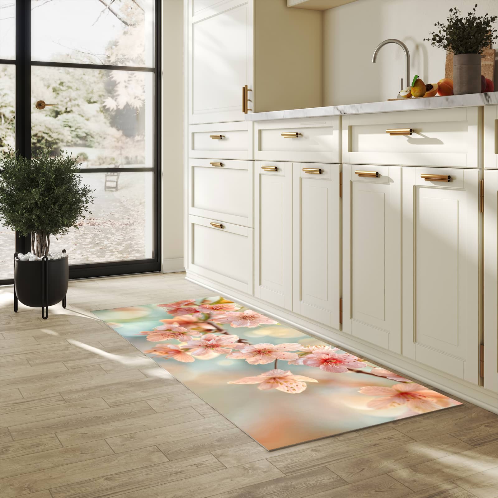 Geruchsneutraler rutschfester Küchenläufer mit Motiv Kirschblütenzauber in heller Küche