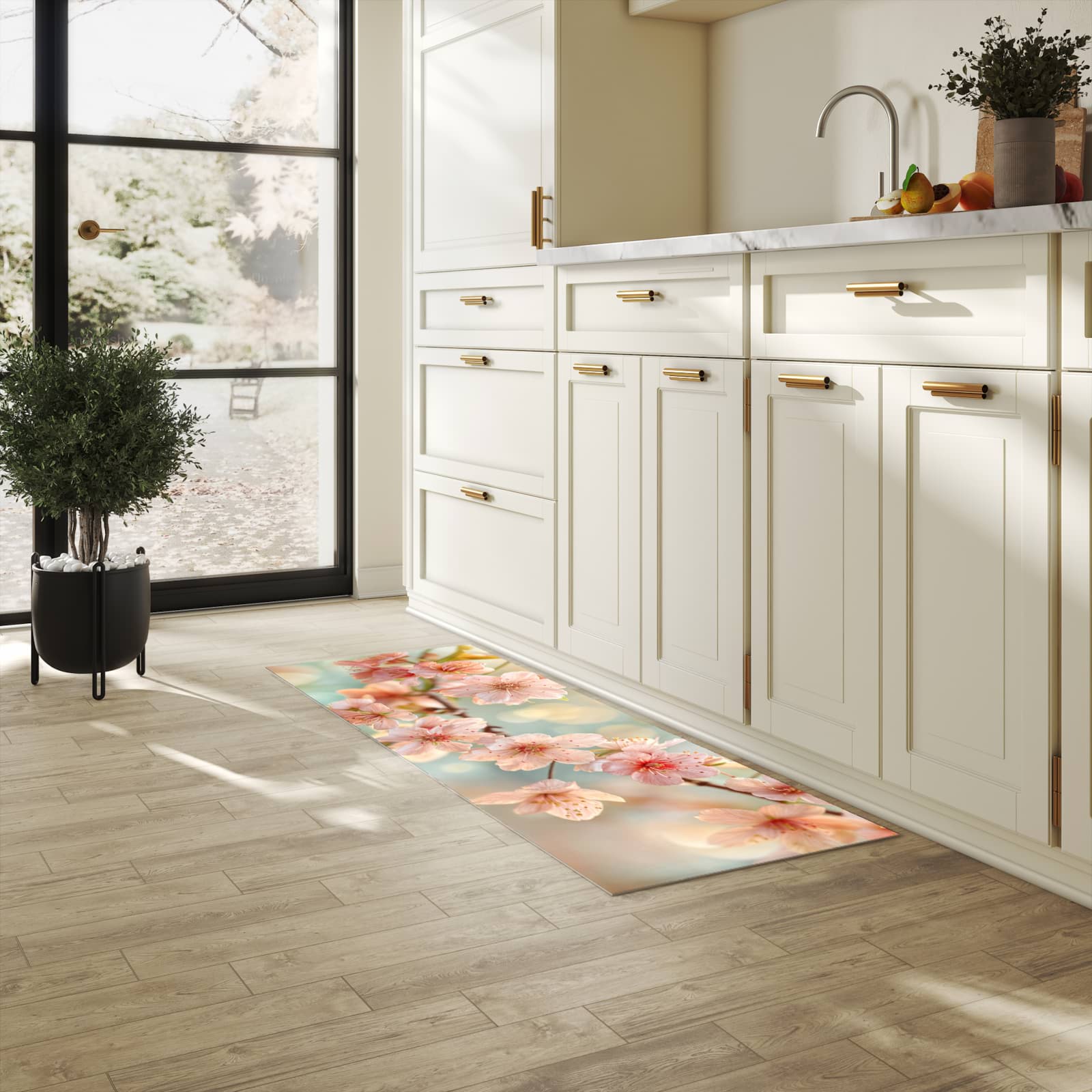 UV-beständiger Küchenteppich mit Motiv Kirschblütenzauber in heller Küche