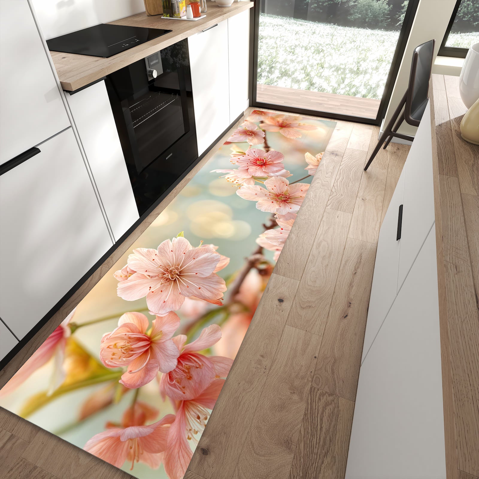 Rutschfester Küchenläufer mit Motiv Kirschblütenzauber in moderner Küche