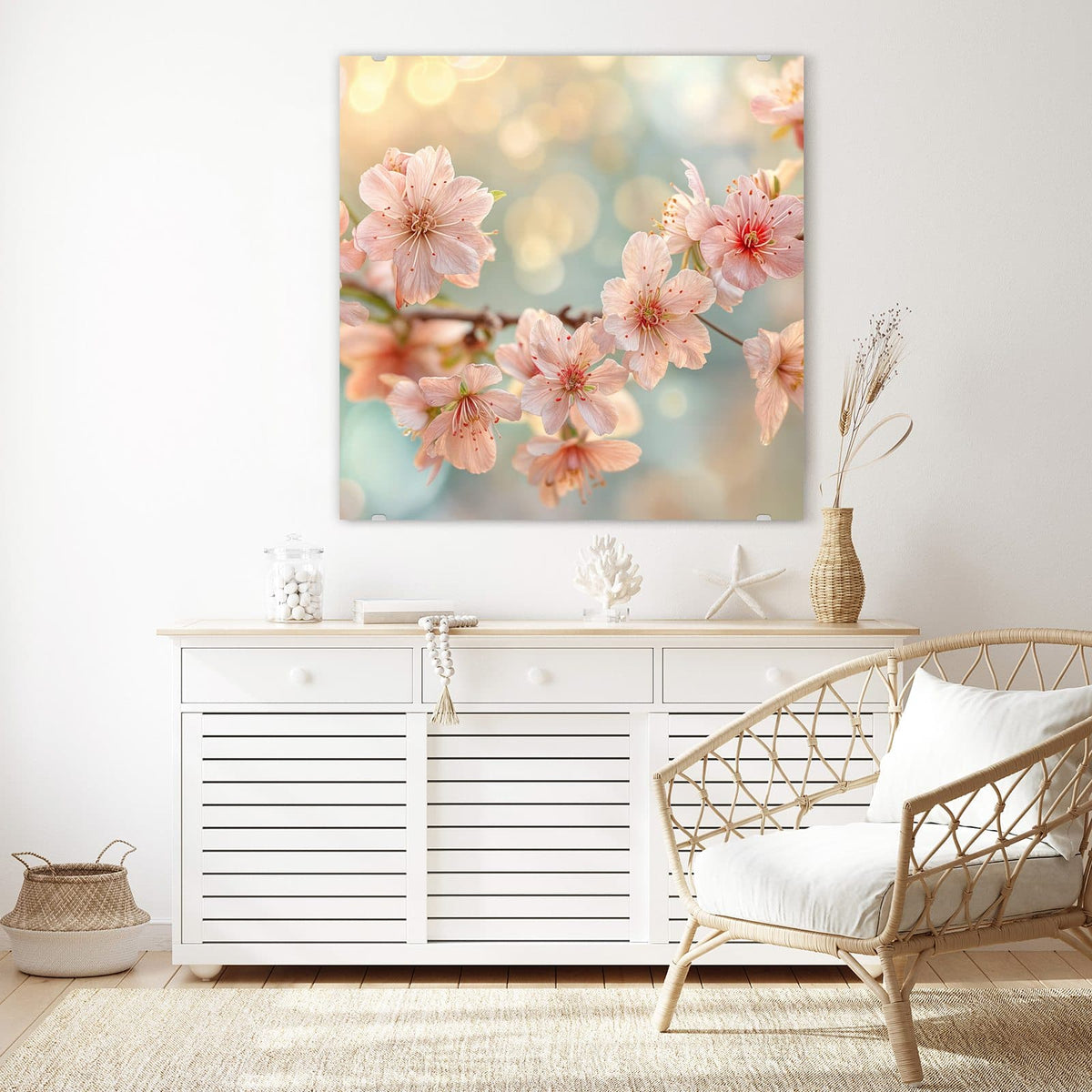 Echtglas, 4 mm – kein Acryl, keine Folie – Wandbild - Kirschzweig in Blüte - Quadratisch