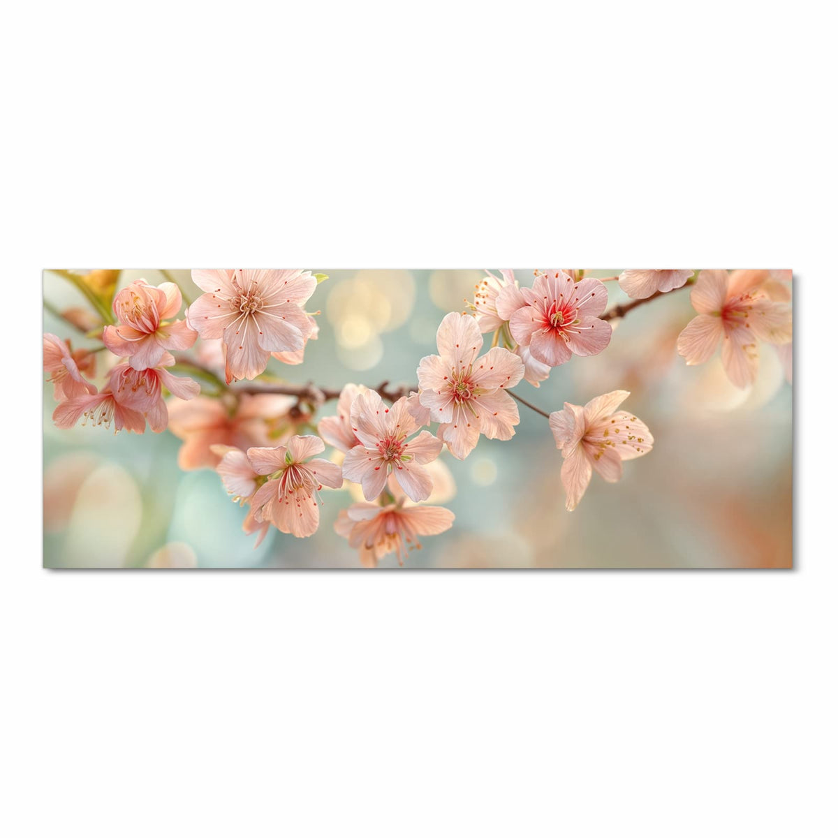 Pfirsichfarbene Kirschblüten an einem Zweig vor goldgrünem Bokeh