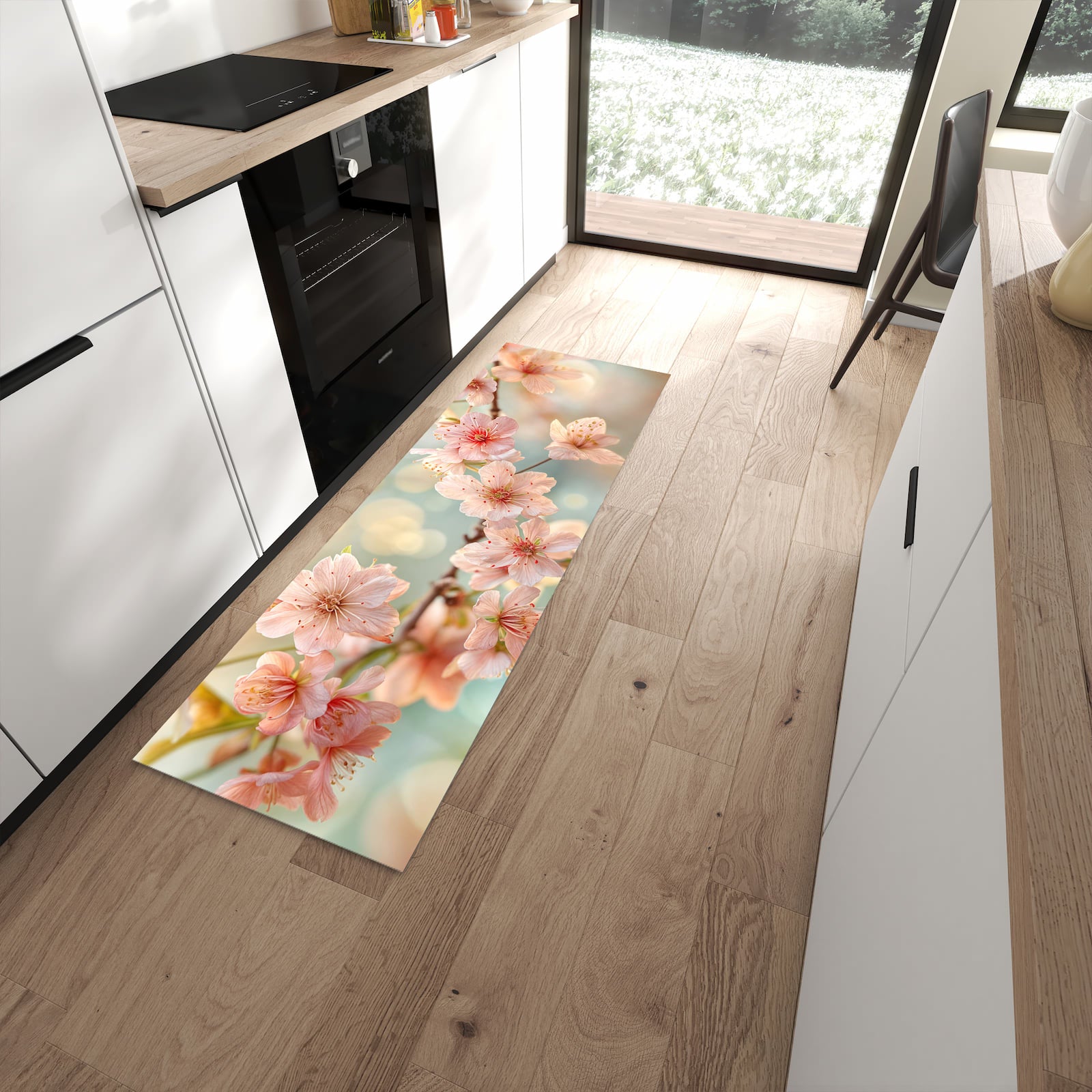 Komfortabler Küchenteppich mit Motiv Kirschblütenzauber in moderner Küche