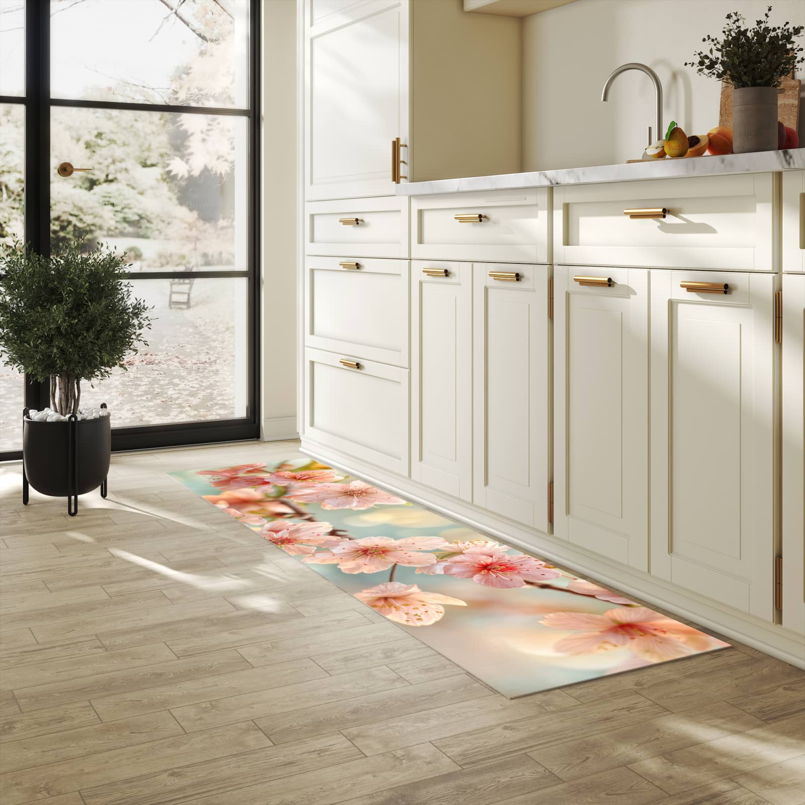 Waschbarer Küchenteppich mit Motiv Kirschblütenzauber für Trittkomfort in heller Küche
