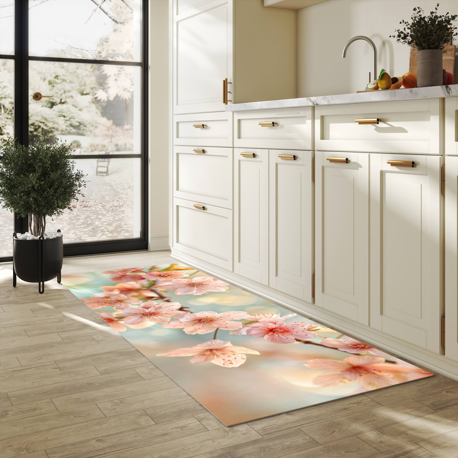 Rutschfester Küchenläufer mit Motiv Kirschblütenzauber in heller Küche