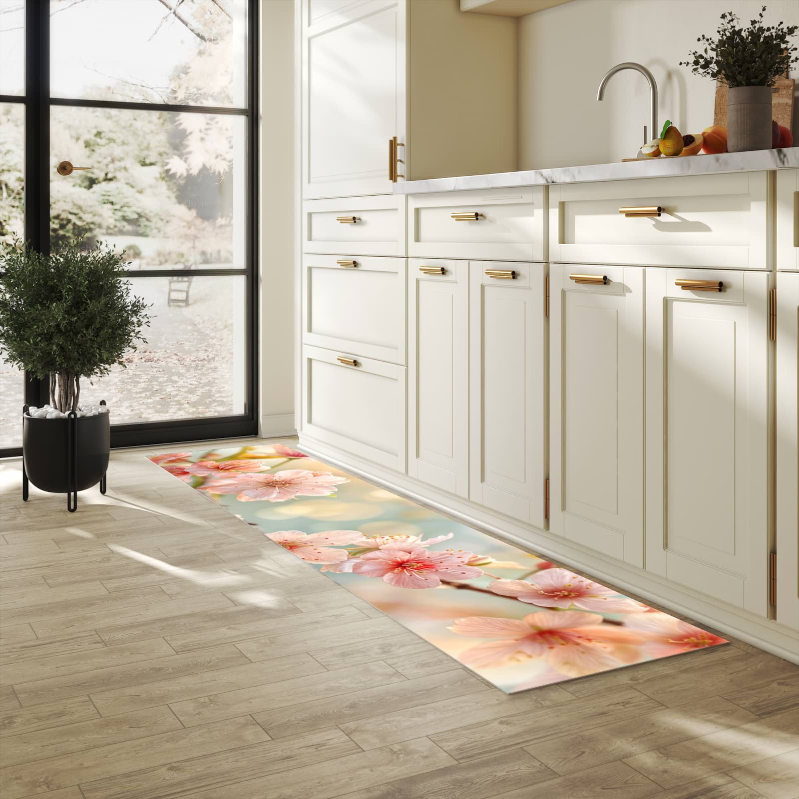 Wasserabweisender Küchenläufer mit Motiv Kirschblütenzauber in heller Küche