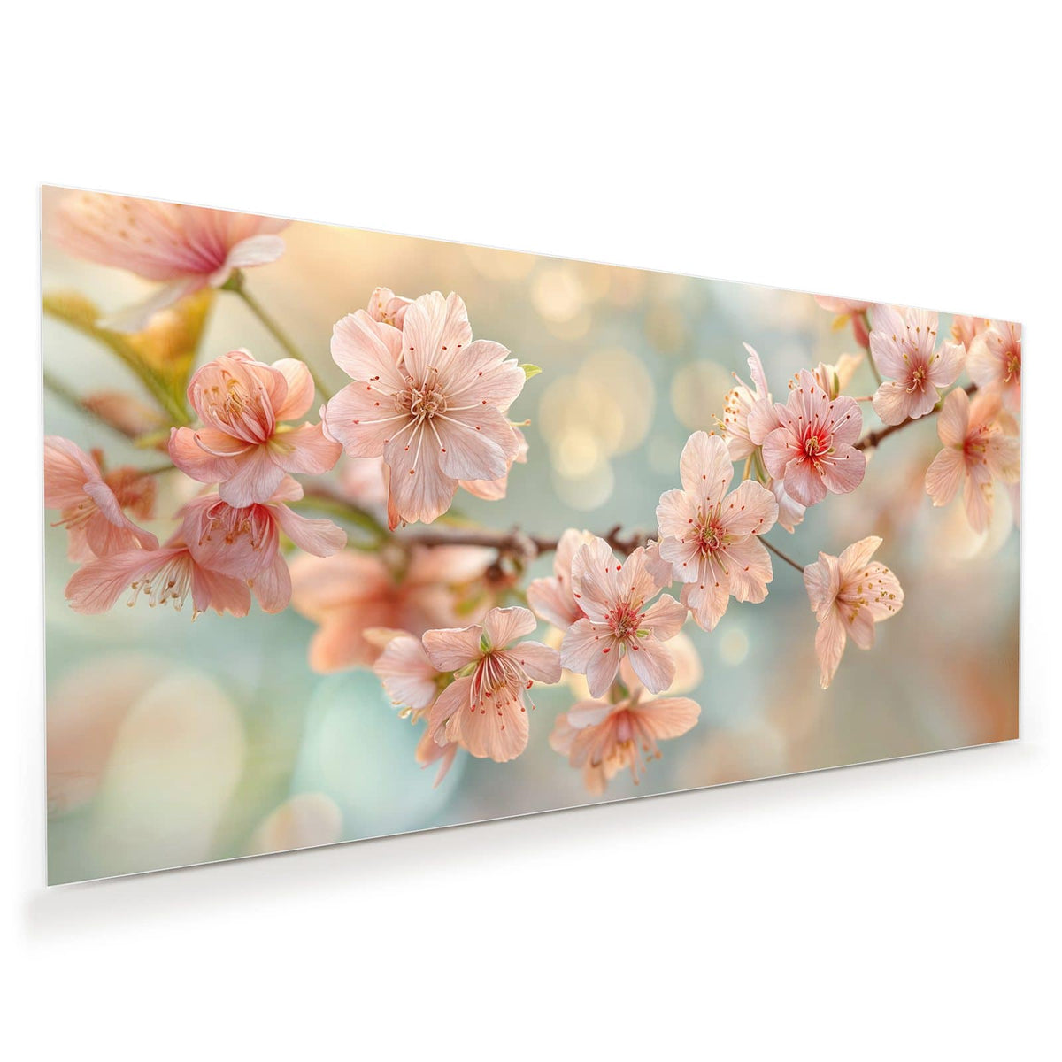 Pfirsichfarbene Kirschblüten an einem Zweig vor goldgrünem Bokeh