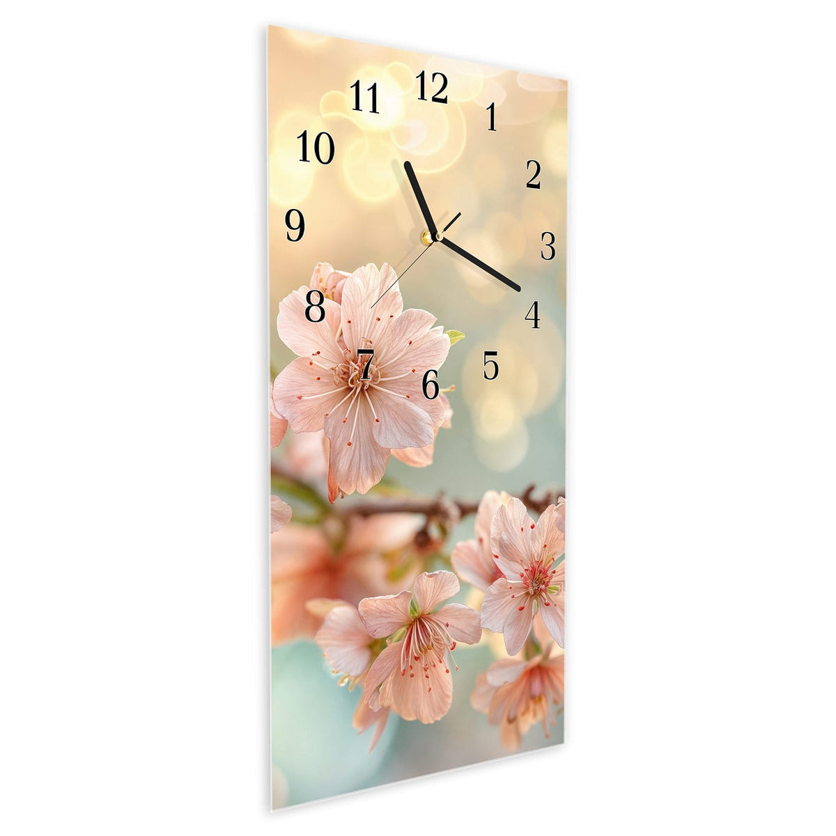 Vormontiert – mit Schwebeeffekt – Wanduhr Kirschblütenzauber aus Glas – Hochformat 30 × 60 cm