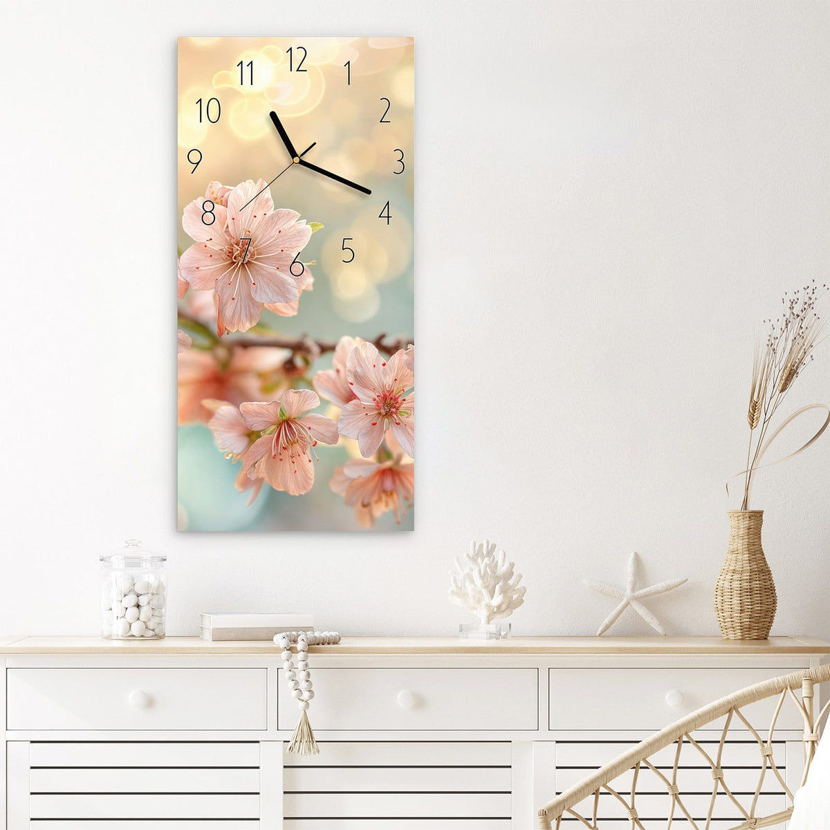 Wanduhr Kirschblütenzauber aus Glas – Kirschblüten vor grünblauem Bokeh
