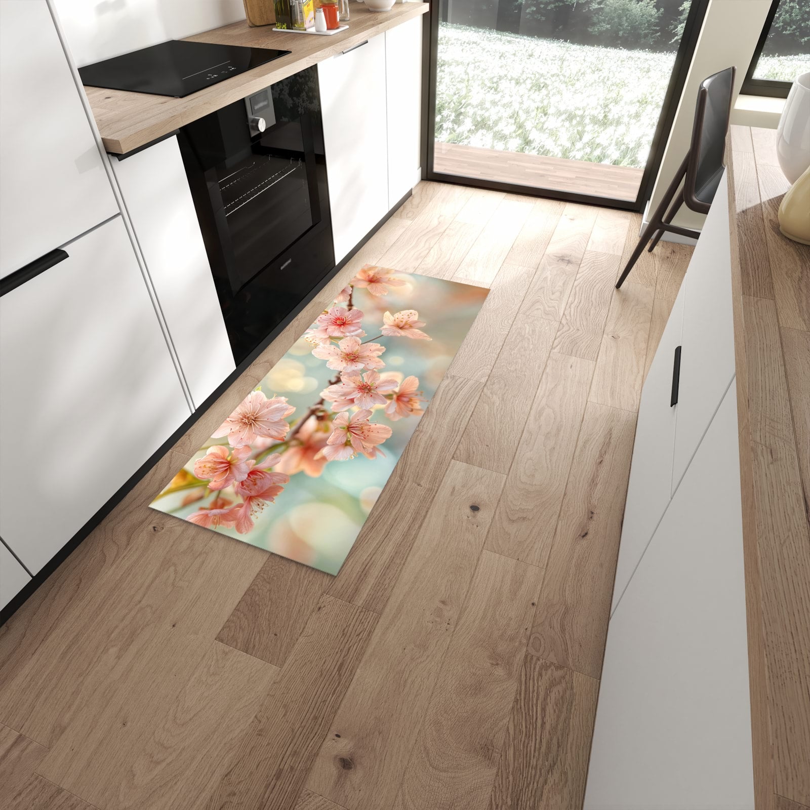 Pflegeleichter Küchenteppich mit Motiv Kirschblütenzauber in moderner Küche #grösse_60 x 150 cm