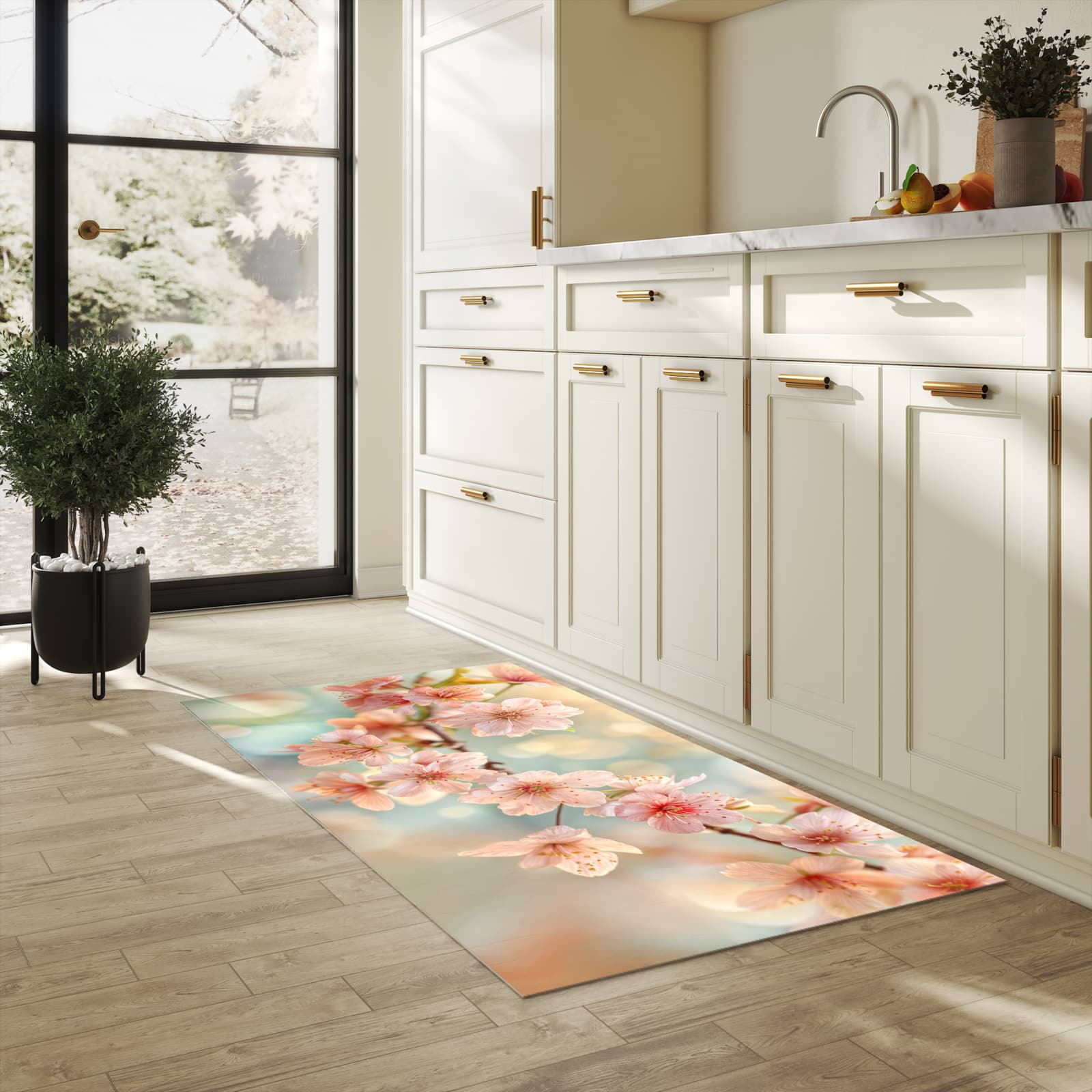 Komfortabler rutschfester Küchenläufer mit Motiv Kirschblütenzauber in heller Küche