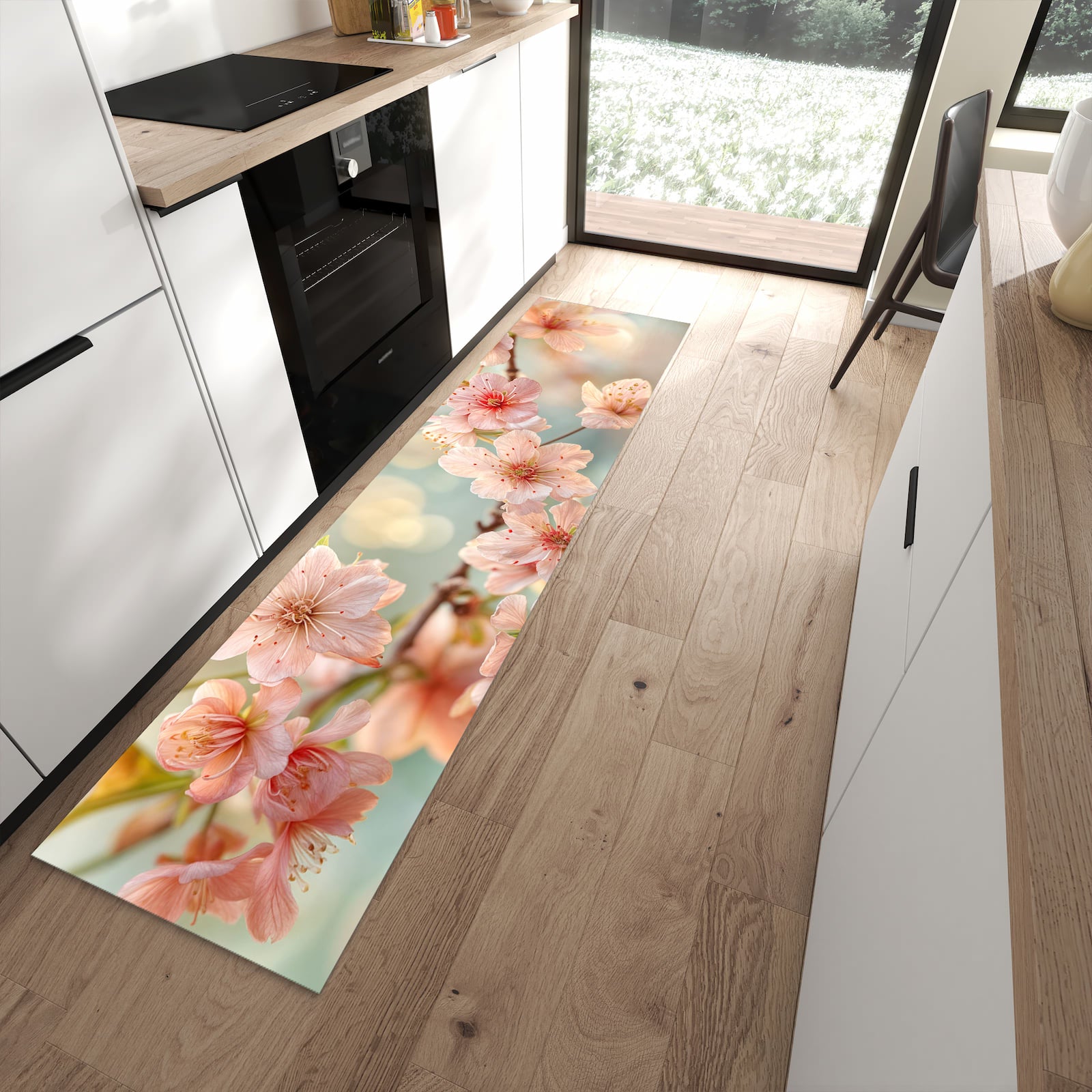Rutschfester Küchenläufer mit Motiv Kirschblütenzauber in moderner Küche