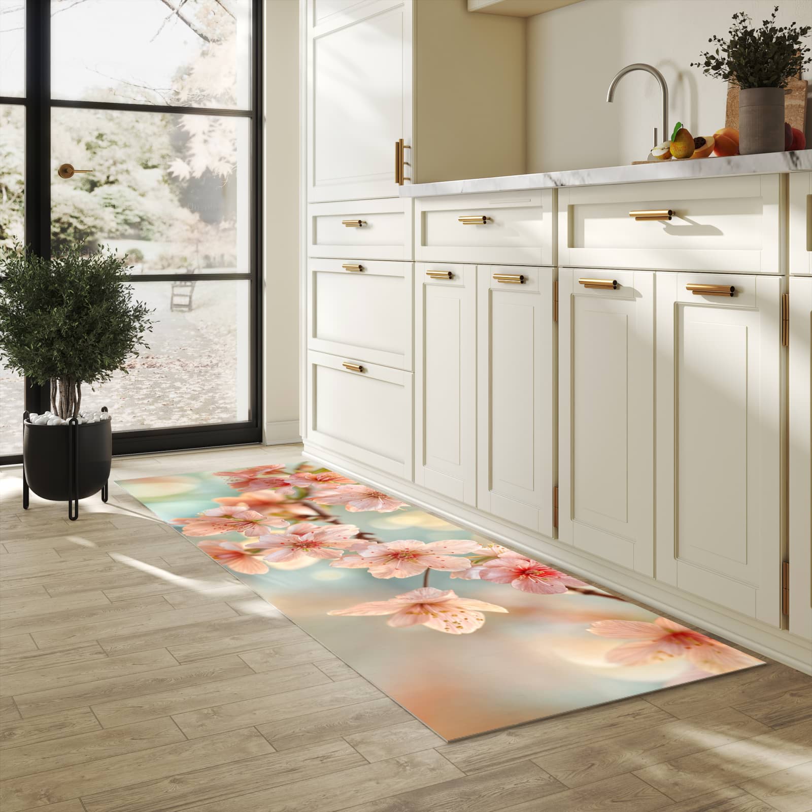 Langlebiger rutschfester Küchenläufer mit Motiv Kirschblütenzauber in heller Küche