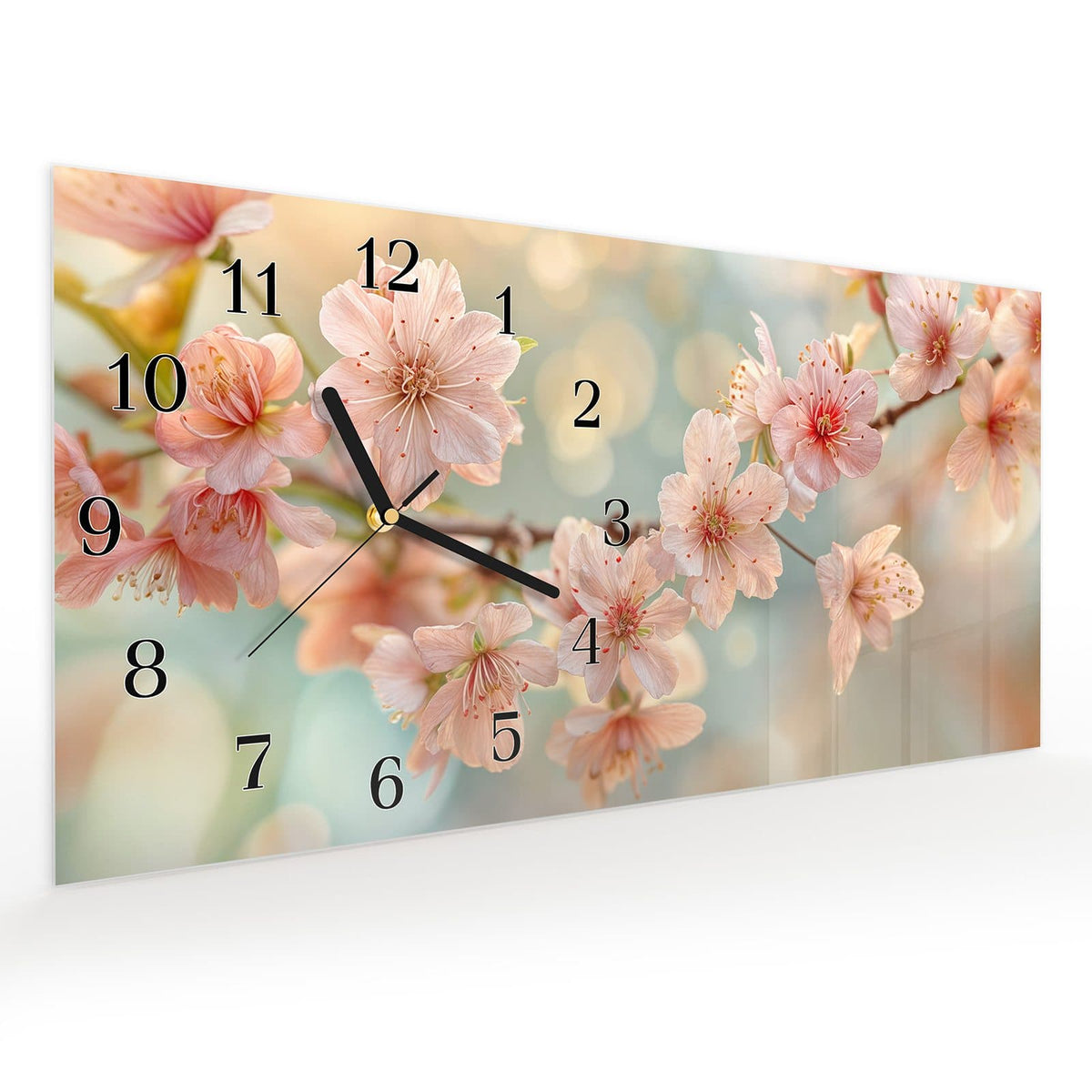 Vormontiert – mit Schwebeeffekt – Wanduhr Kirschblütenzauber aus Glas – Querformat 60 × 30 cm