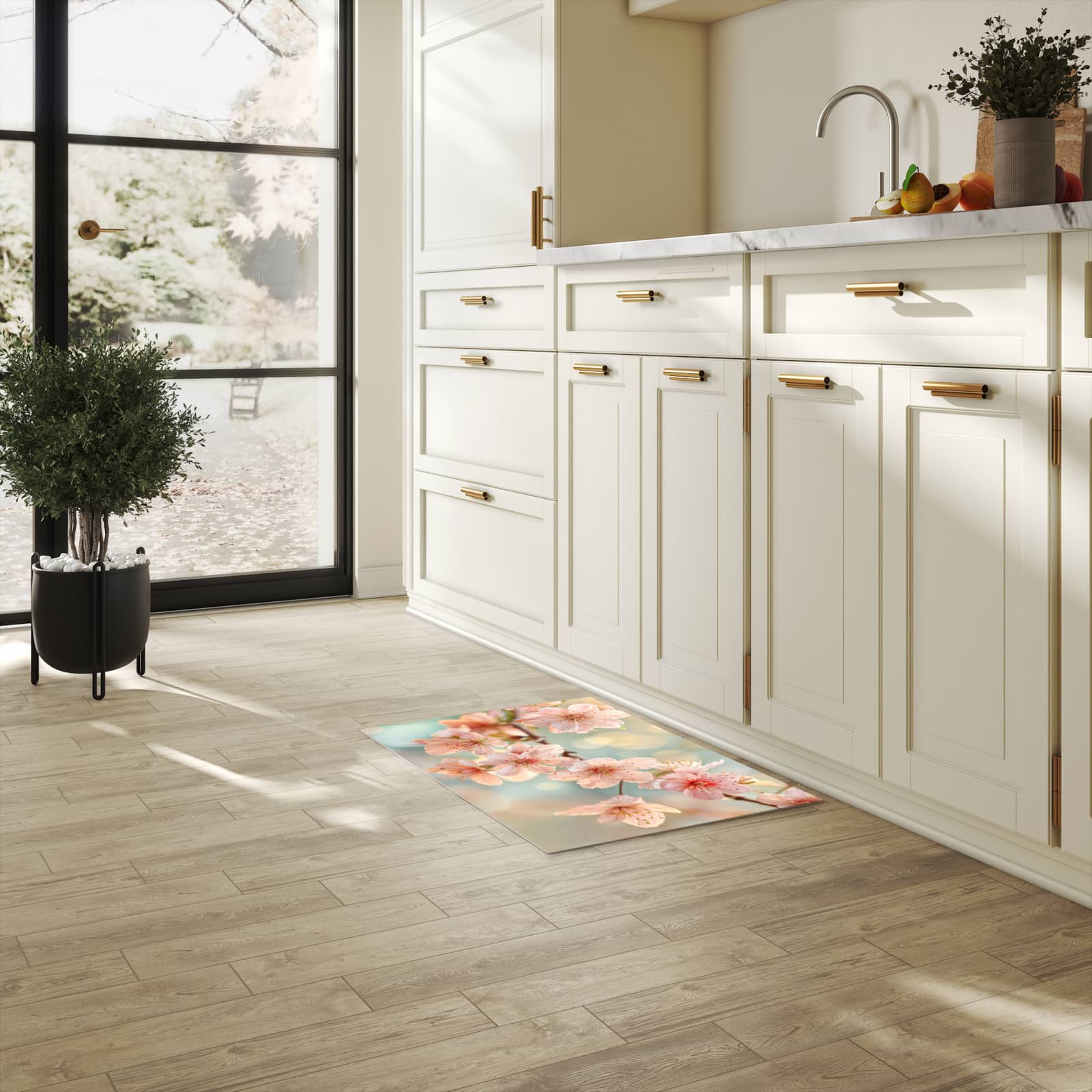 Schmutzabweisender Küchenläufer mit Motiv Kirschblütenzauber in heller Küche