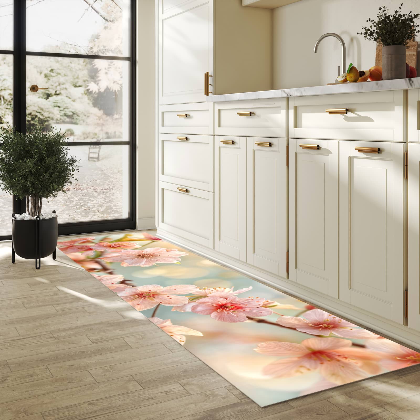 Pflegeleichter waschbarer Küchenläufer mit Motiv Kirschblütenzauber in heller Küche