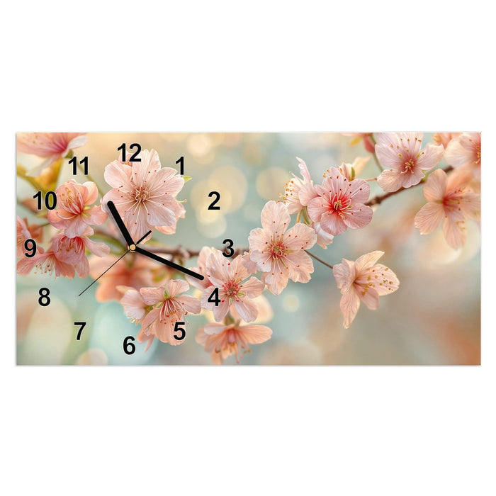 Wanduhr Kirschblütenzauber aus Glas – Querformat 60 × 30 cm mit Ziffernblatt Modern