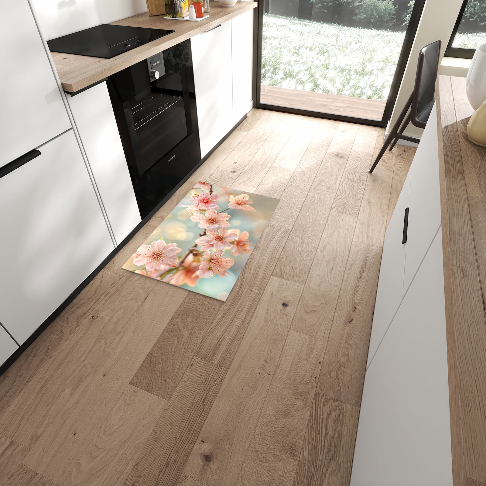 Hygienischer Küchenteppich mit Motiv Kirschblütenzauber in moderner Küche