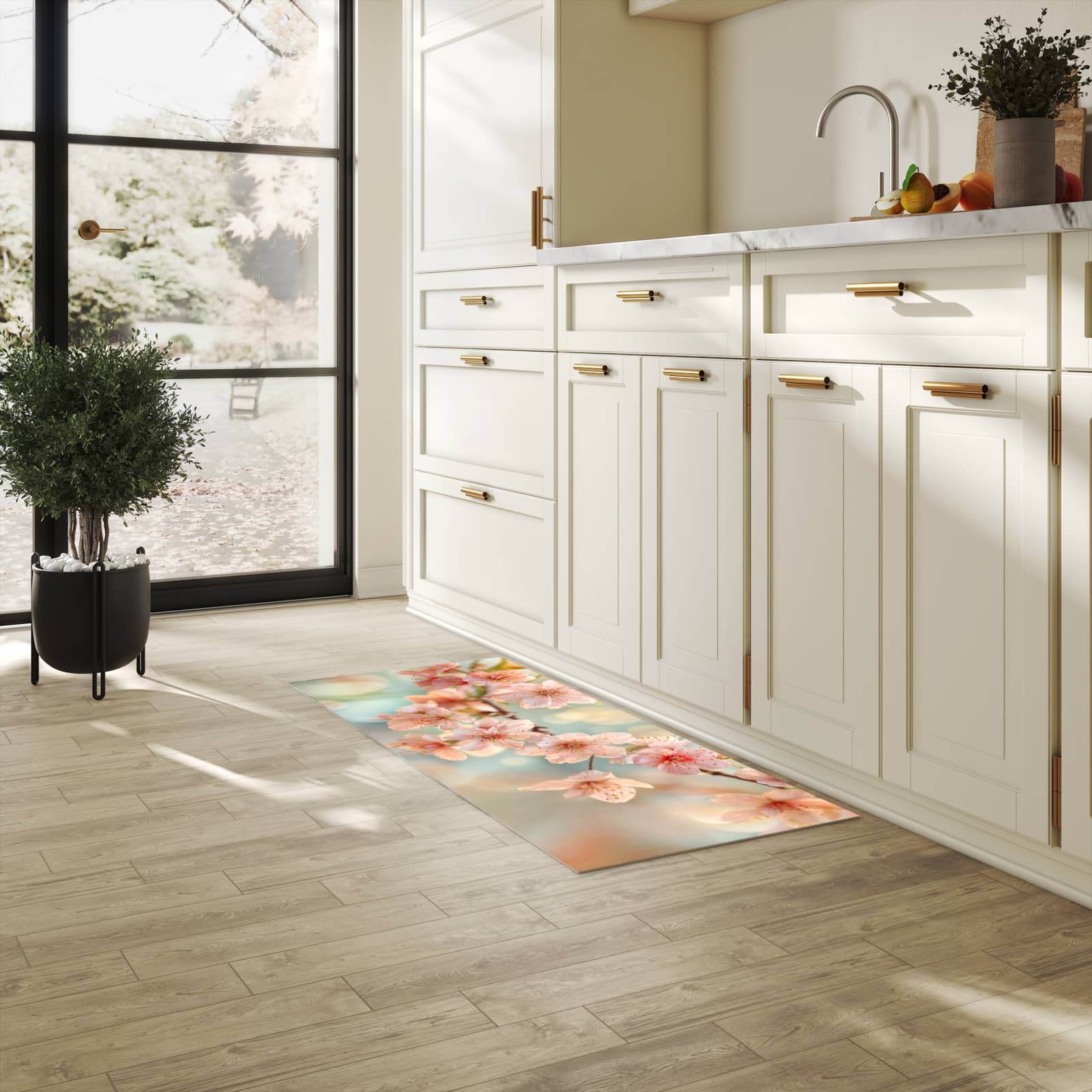 Abriebfester großer Küchenteppich mit Motiv Kirschblütenzauber in heller Küche