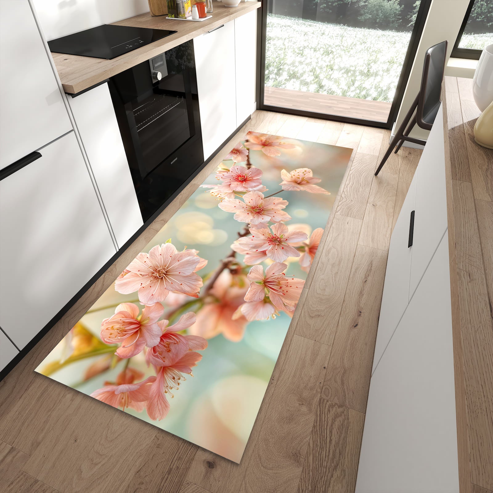 Bodenschonender waschbarer Läufer für die Küche mit Motiv Kirschblütenzauber in moderner Küche