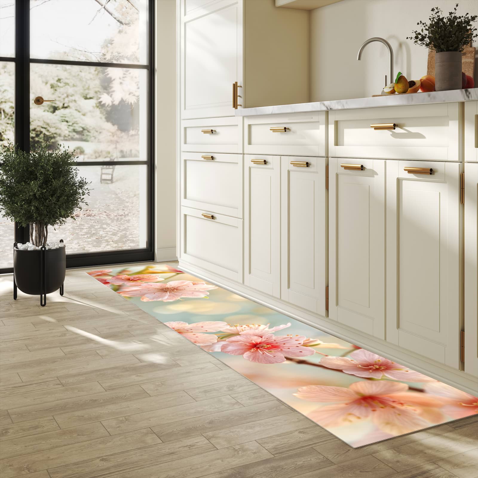 Fleckenresistenter Küchenläufer mit Motiv Kirschblütenzauber in heller Küche